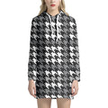 Grey Houndstooth Pattern Print Pullover Hoodie Dress