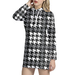 Grey Houndstooth Pattern Print Hoodie Dress
