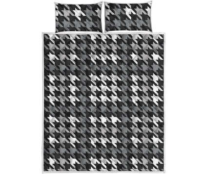 Grey Houndstooth Pattern Print Quilt Bed Set