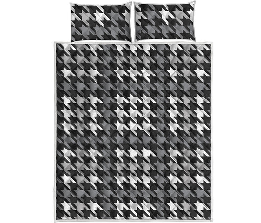 Grey Houndstooth Pattern Print Quilt Bed Set