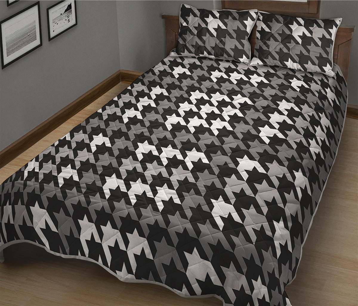 Grey Houndstooth Pattern Print Quilt Bed Set