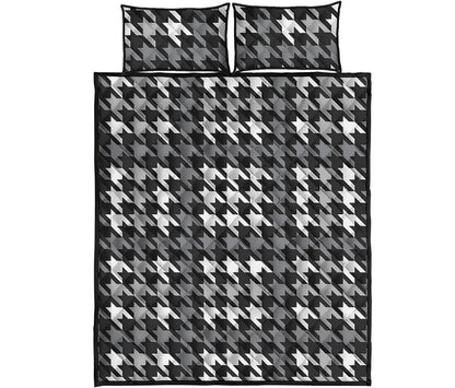 Grey Houndstooth Pattern Print Quilt Bed Set