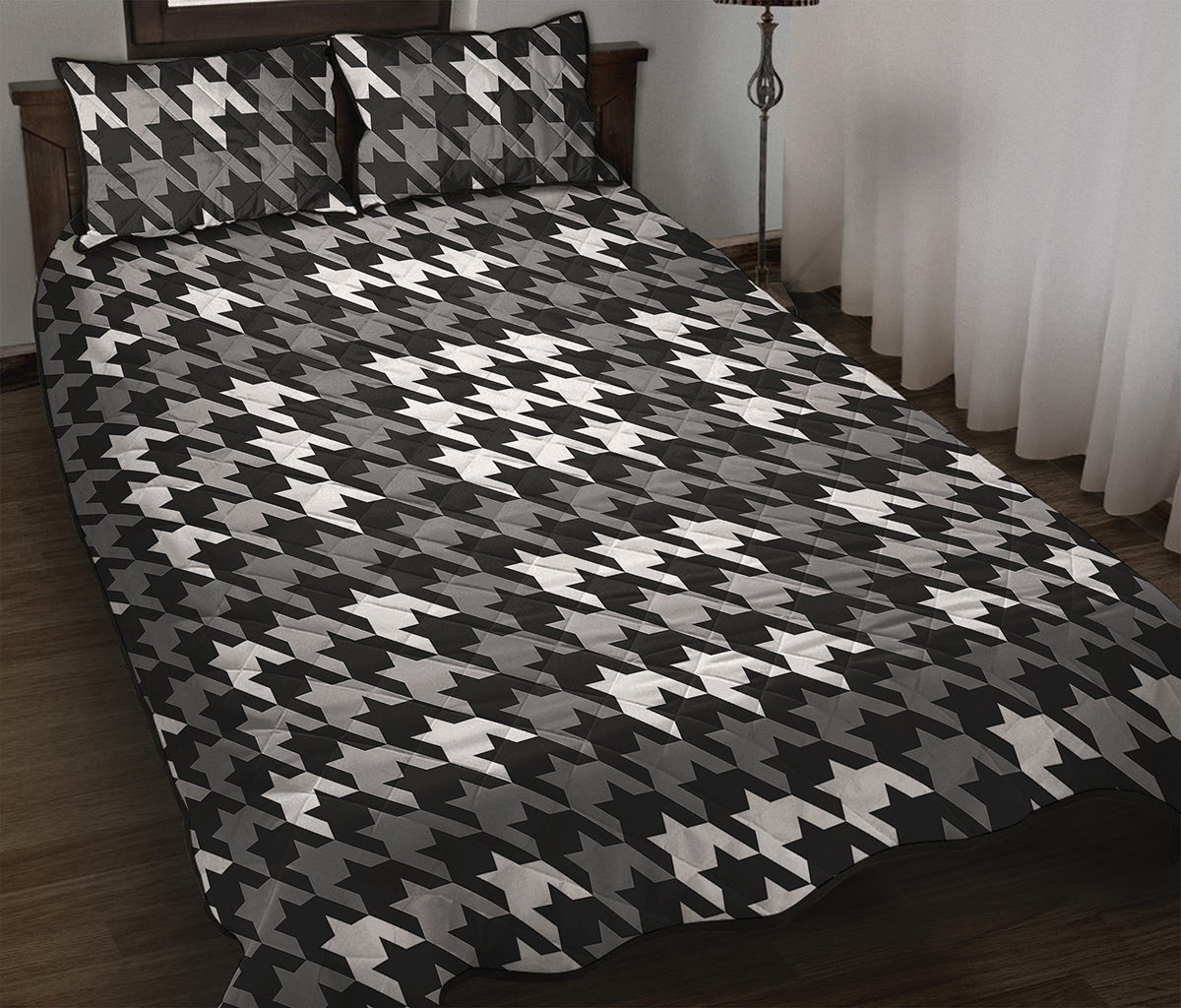 Grey Houndstooth Pattern Print Quilt Bed Set