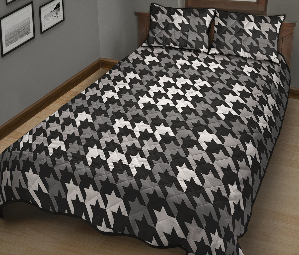 Grey Houndstooth Pattern Print Quilt Bed Set