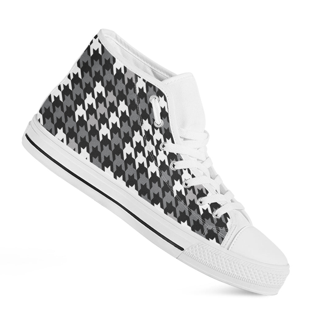 Grey Houndstooth Pattern Print White High Top Shoes