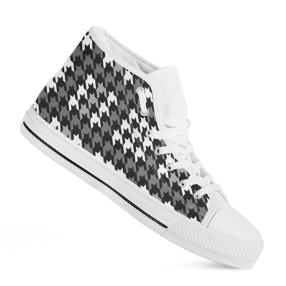Grey Houndstooth Pattern Print White High Top Shoes