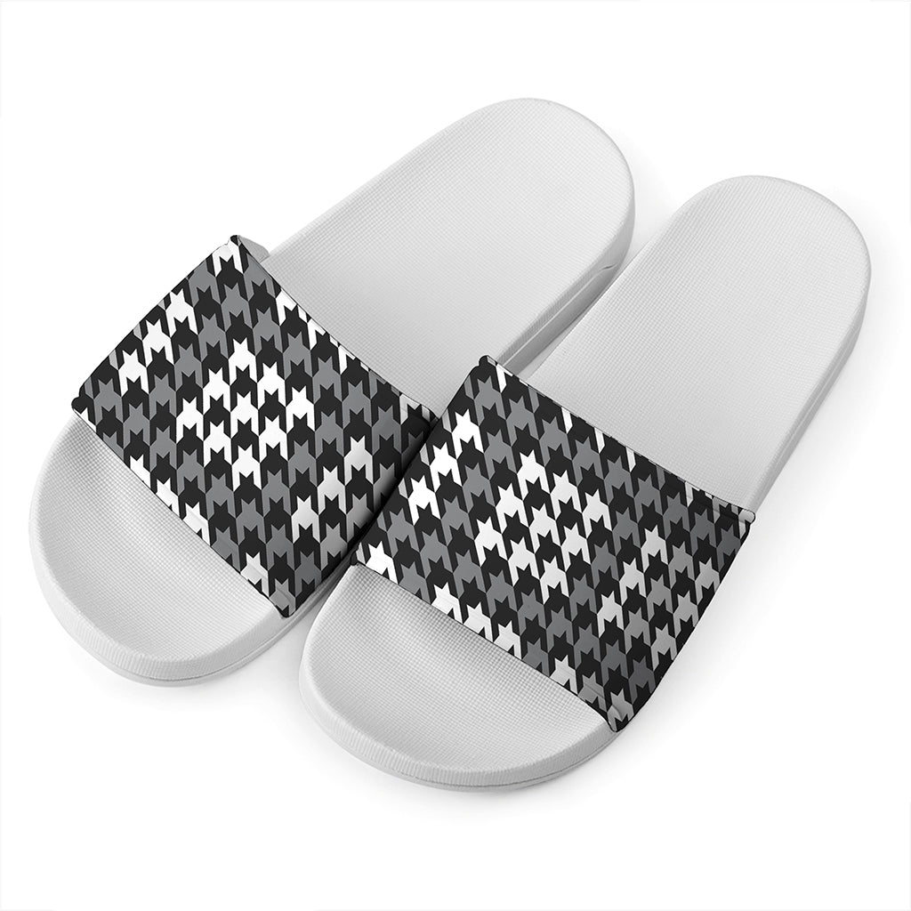 Grey Houndstooth Pattern Print White Slide Sandals