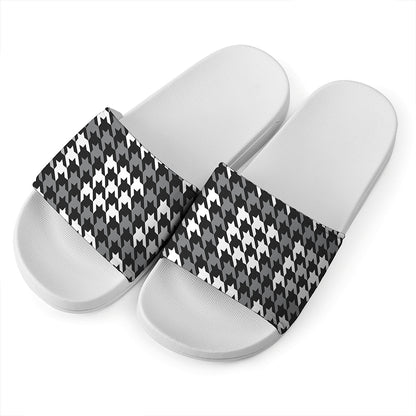 Grey Houndstooth Pattern Print White Slide Sandals