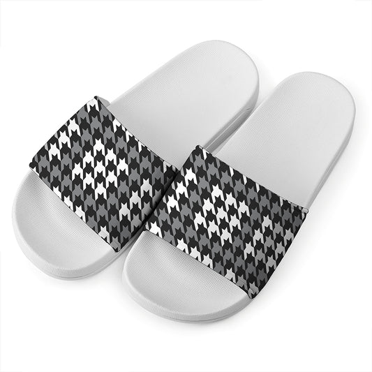 Grey Houndstooth Pattern Print White Slide Sandals