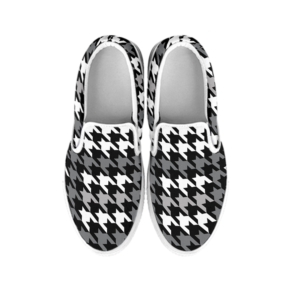 Grey Houndstooth Pattern Print White Slip On Shoes
