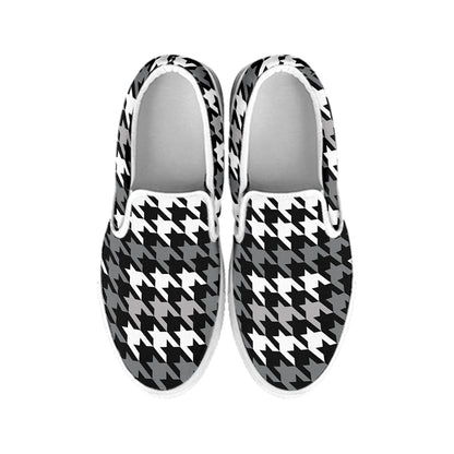 Grey Houndstooth Pattern Print White Slip On Shoes