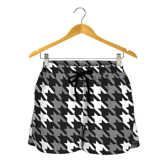 Grey Houndstooth Pattern Print Women's Shorts