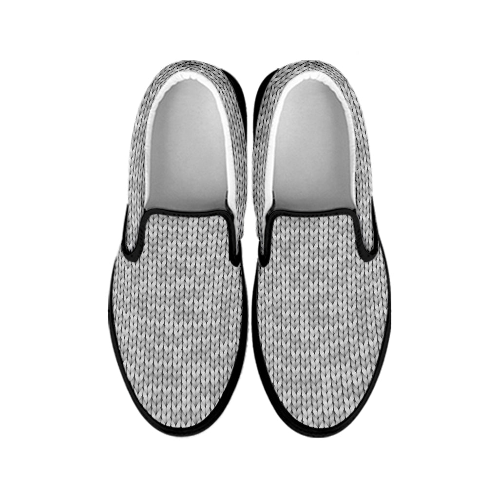 Grey Knitted Pattern Print Black Slip On Shoes
