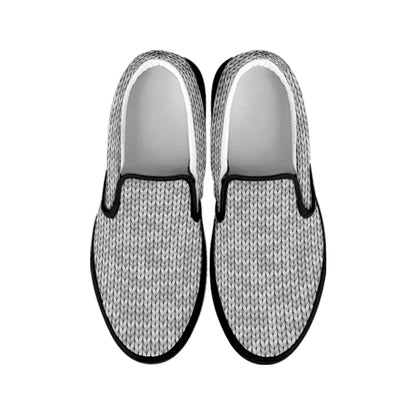 Grey Knitted Pattern Print Black Slip On Shoes
