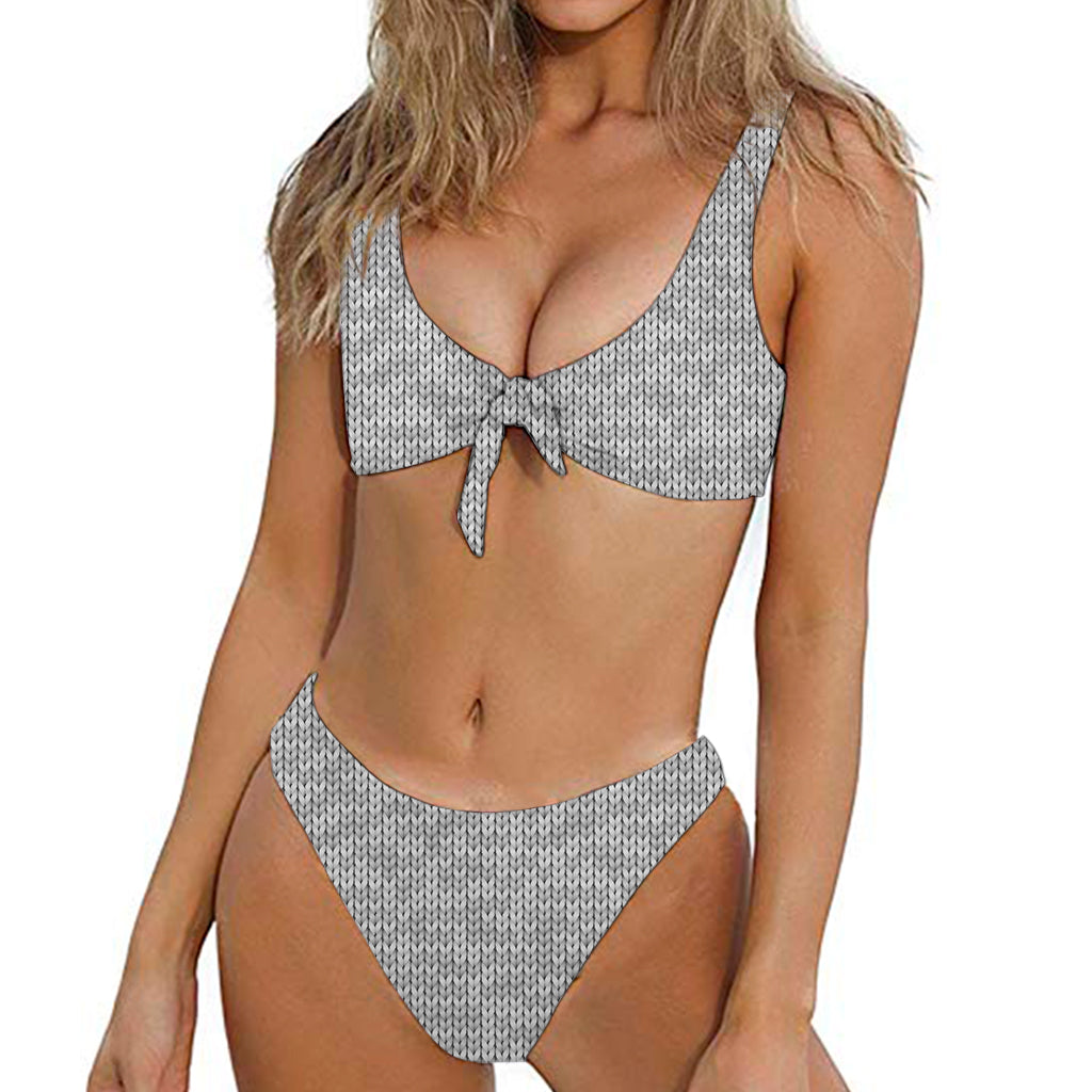 Grey Knitted Pattern Print Front Bow Tie Bikini