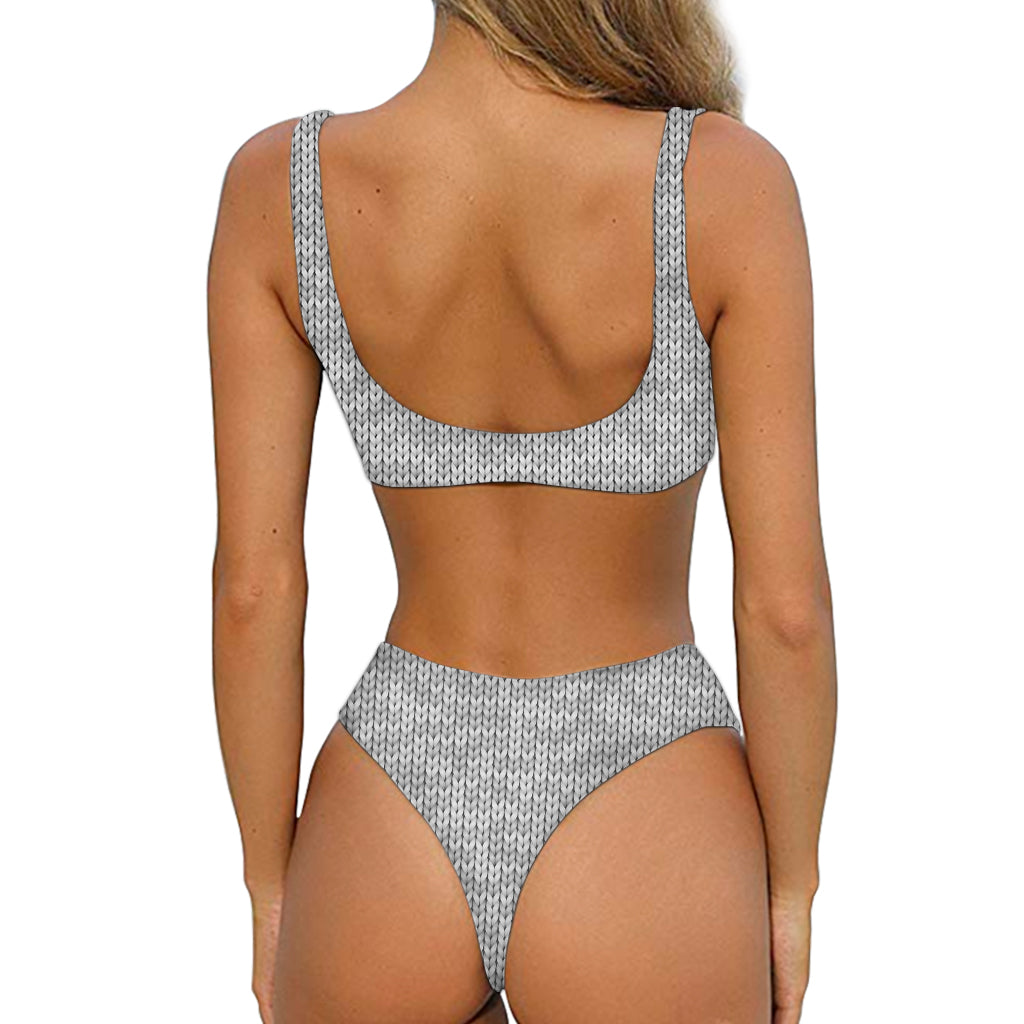 Grey Knitted Pattern Print Front Bow Tie Bikini