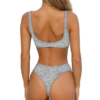 Grey Knitted Pattern Print Front Bow Tie Bikini