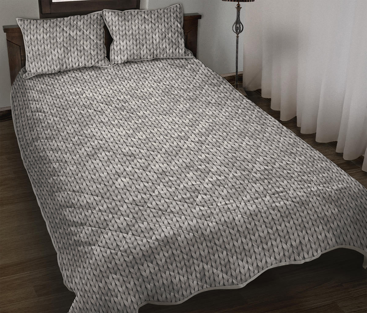 Grey Knitted Pattern Print Quilt Bed Set