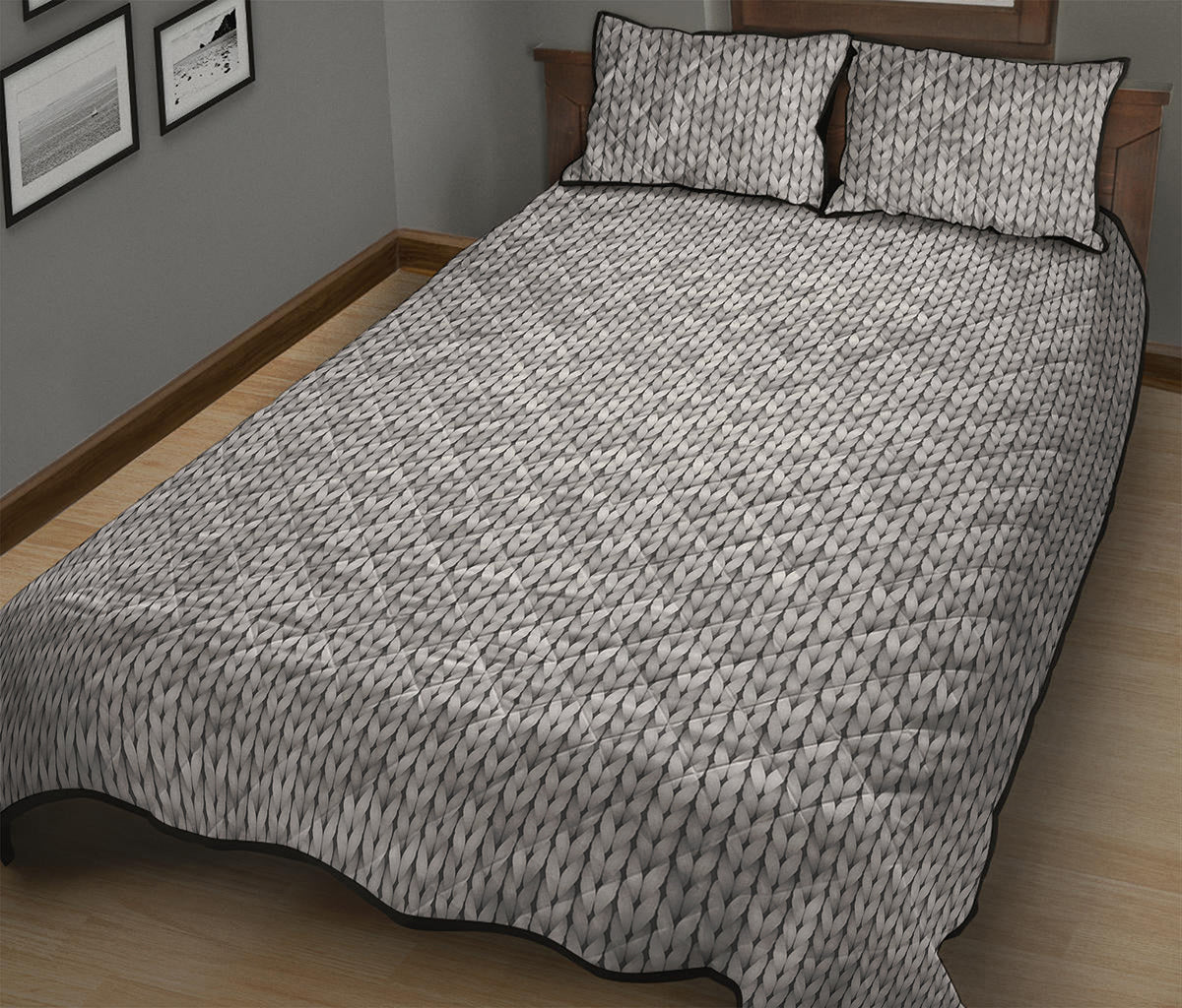 Grey Knitted Pattern Print Quilt Bed Set