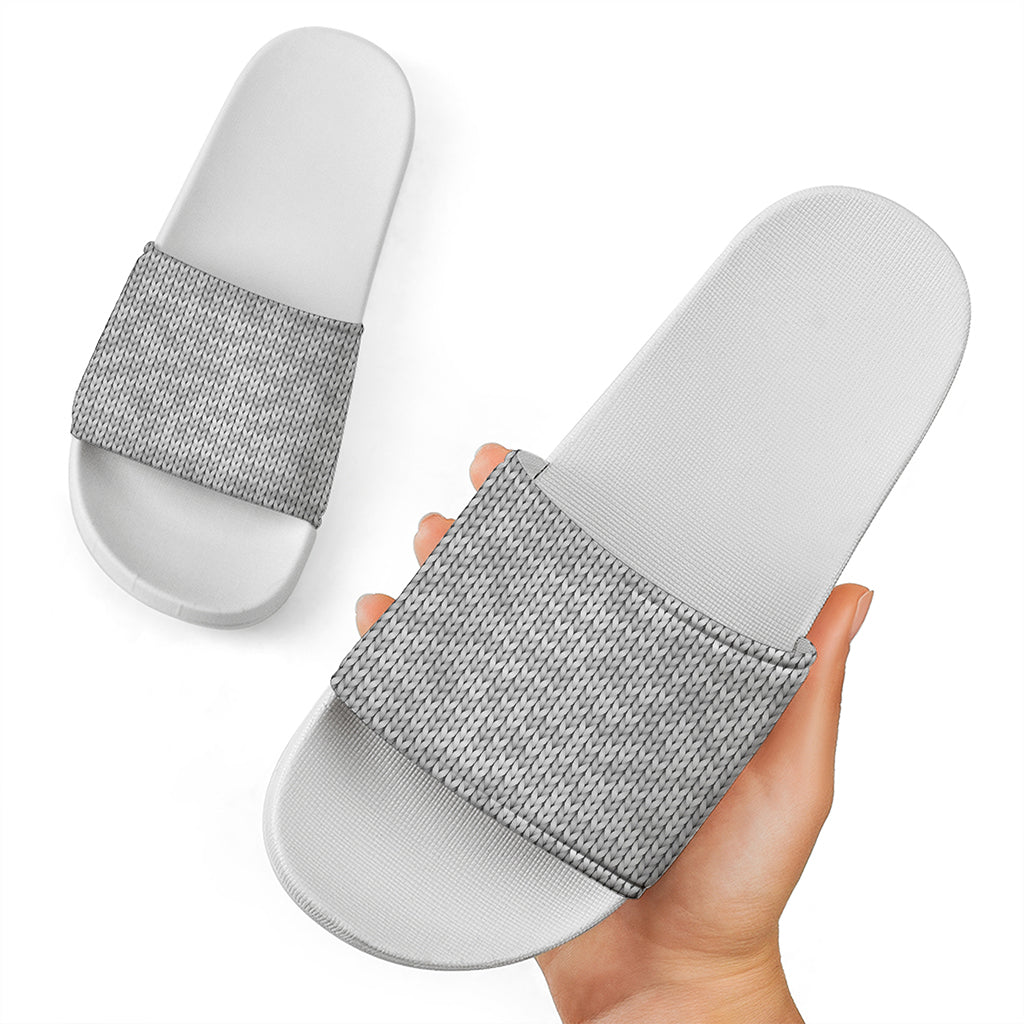 Grey Knitted Pattern Print White Slide Sandals