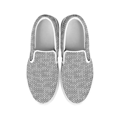 Grey Knitted Pattern Print White Slip On Shoes