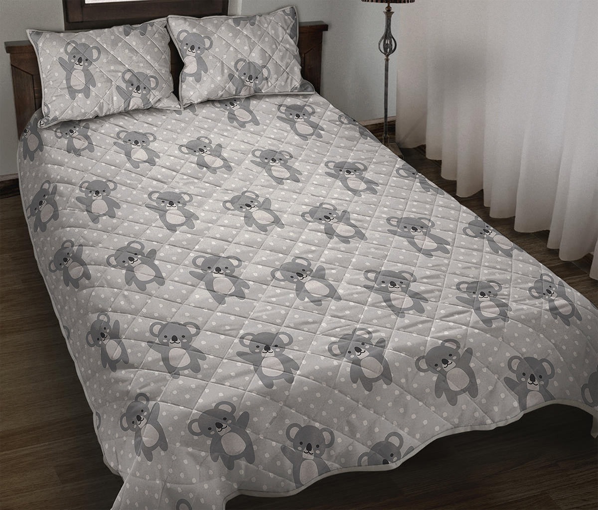 Grey Koala Pattern Print Quilt Bed Set