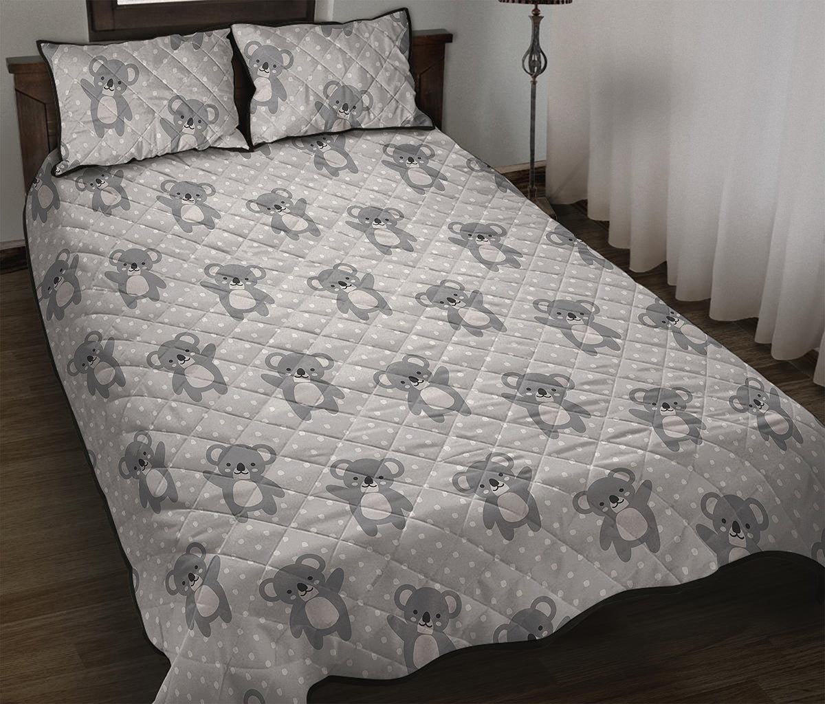 Grey Koala Pattern Print Quilt Bed Set