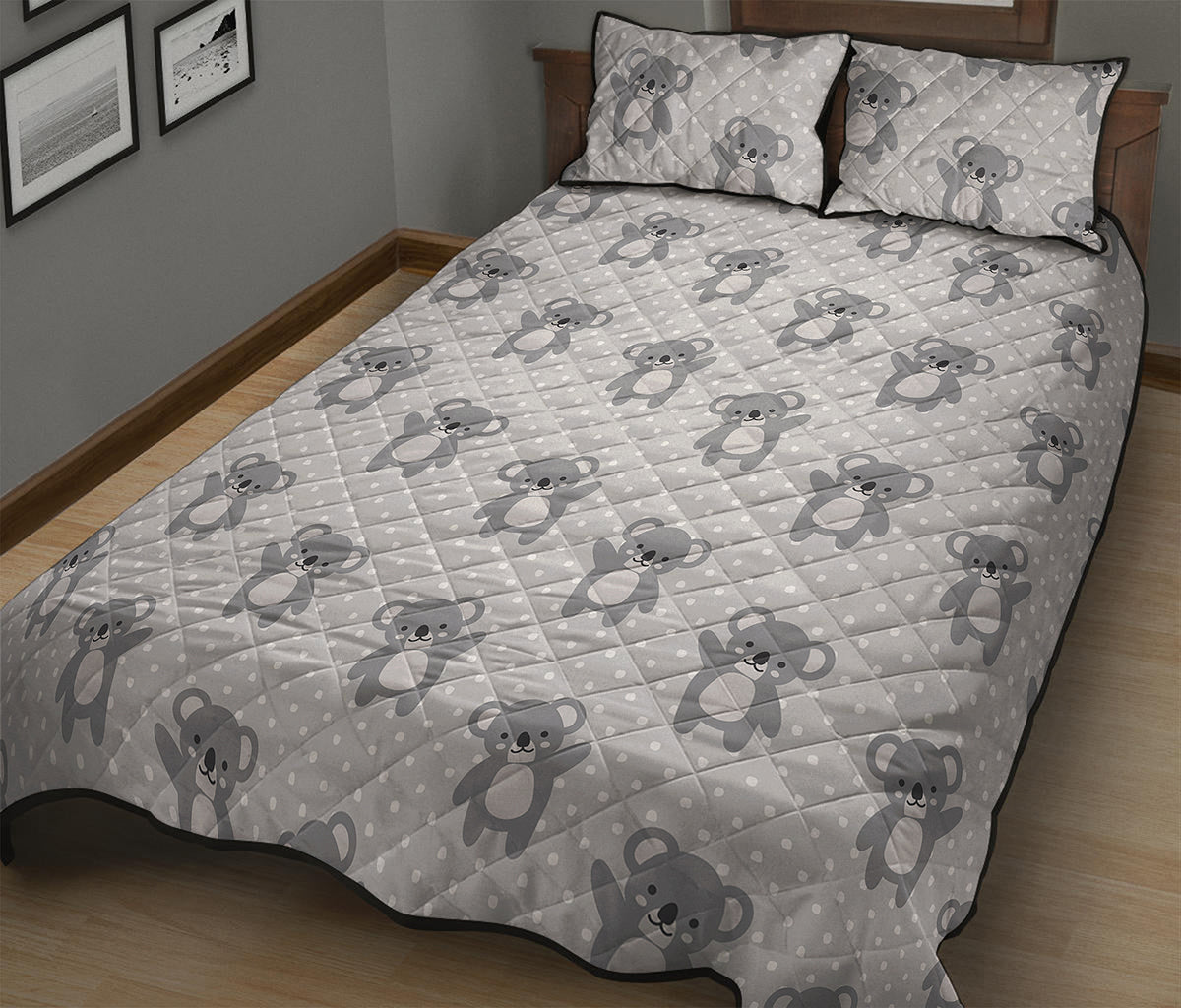 Grey Koala Pattern Print Quilt Bed Set