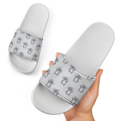 Grey Koala Pattern Print White Slide Sandals