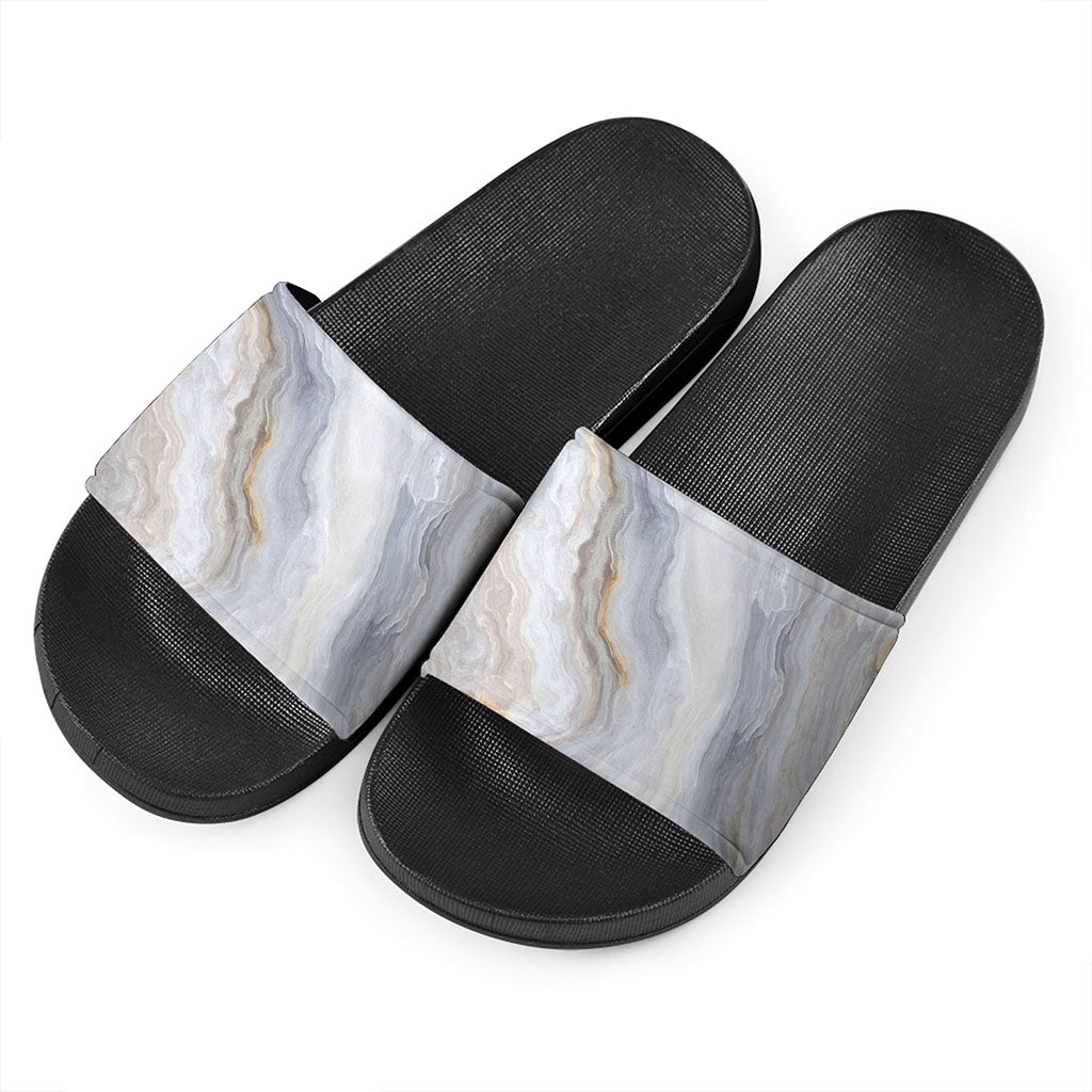 Grey Marble Print Black Slide Sandals