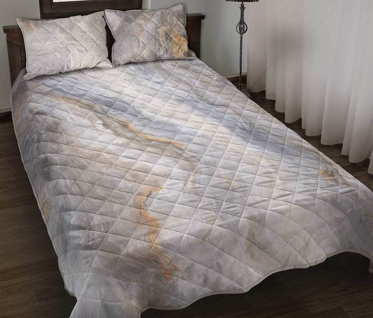 Grey Marble Print Quilt Bed Set