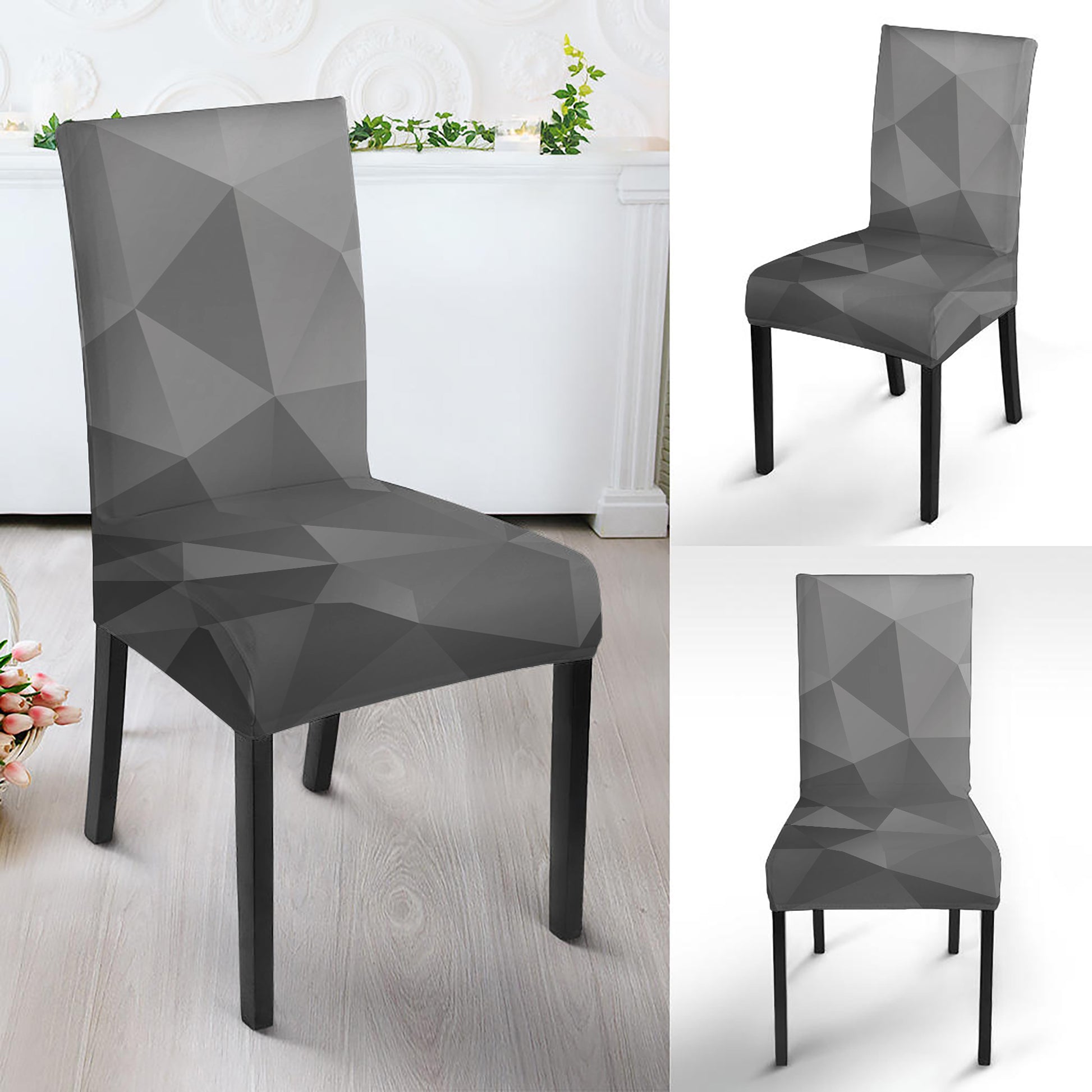 Grey Polygonal Geometric Print Dining Chair Slipcover