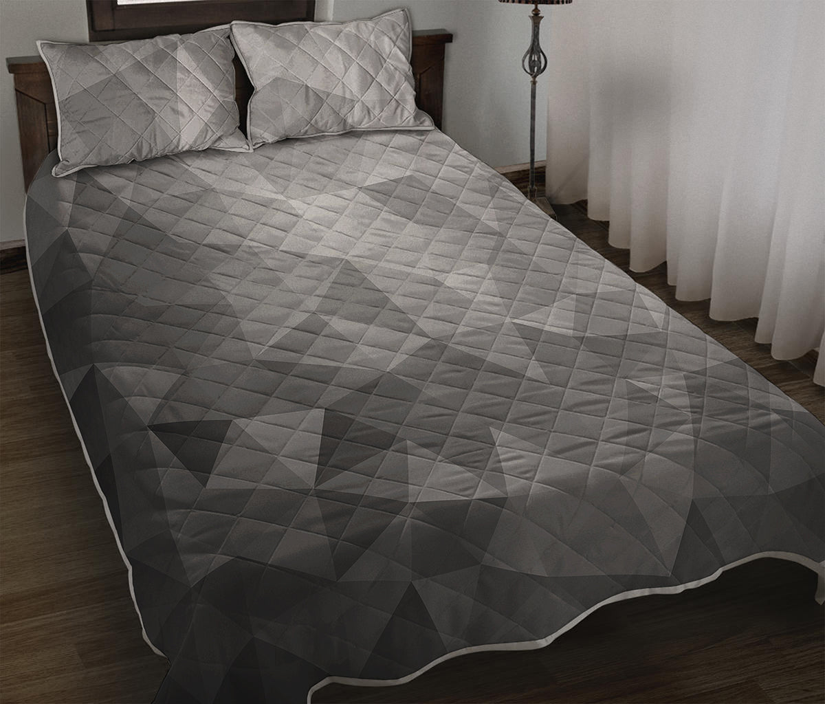 Grey Polygonal Geometric Print Quilt Bed Set