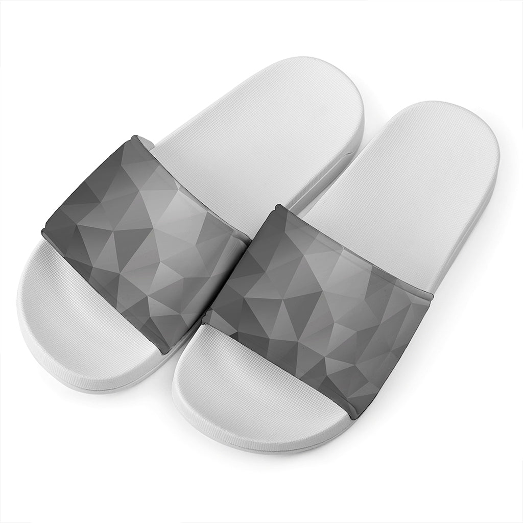 Grey Polygonal Geometric Print White Slide Sandals