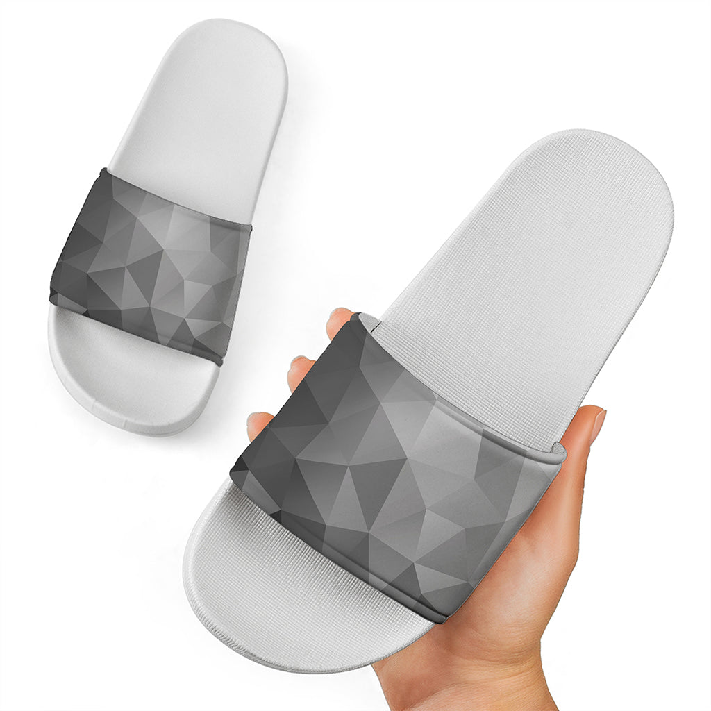 Grey Polygonal Geometric Print White Slide Sandals