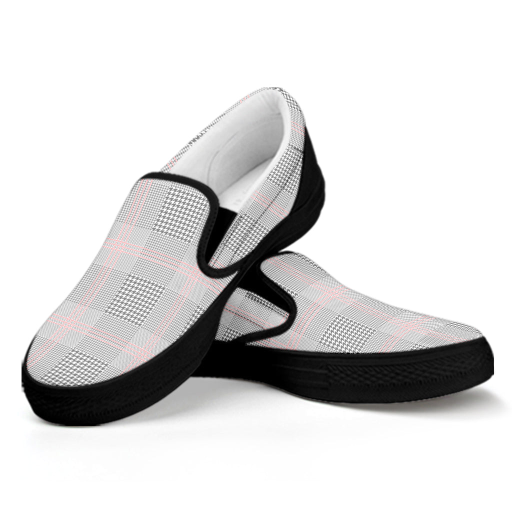 Grey Prince of Wales Check Print Black Slip On Shoes