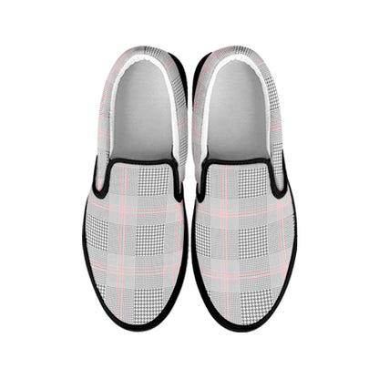 Grey Prince of Wales Check Print Black Slip On Shoes