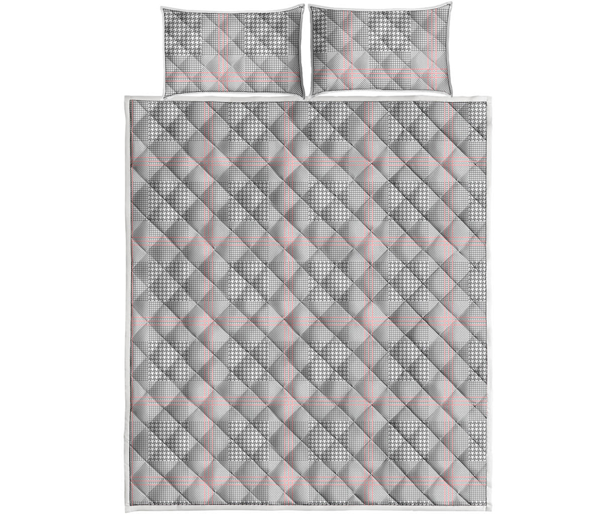 Grey Prince of Wales Check Print Quilt Bed Set