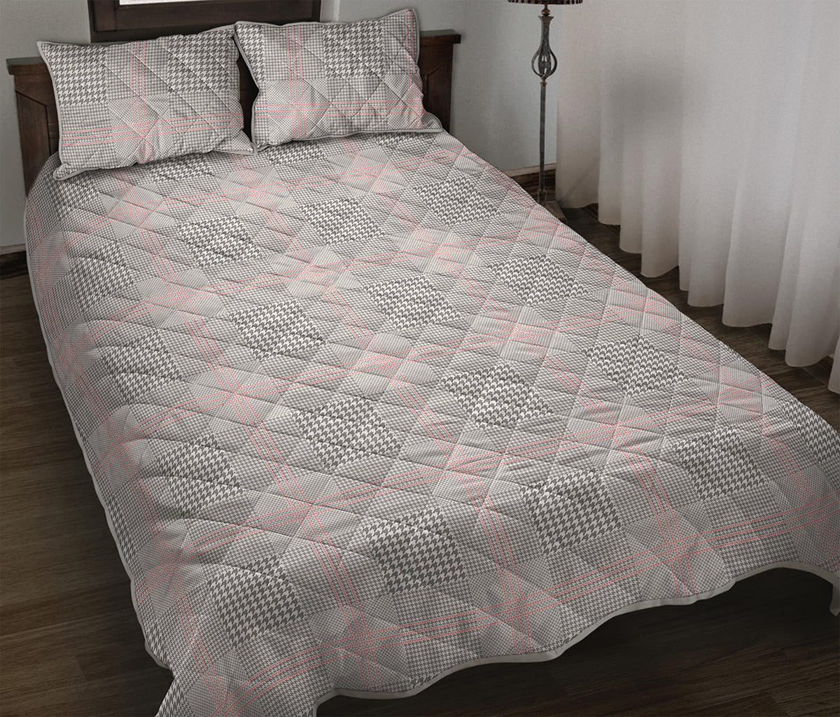 Grey Prince of Wales Check Print Quilt Bed Set