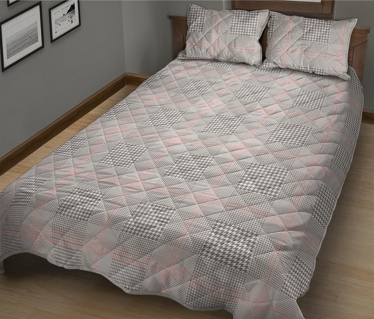 Grey Prince of Wales Check Print Quilt Bed Set