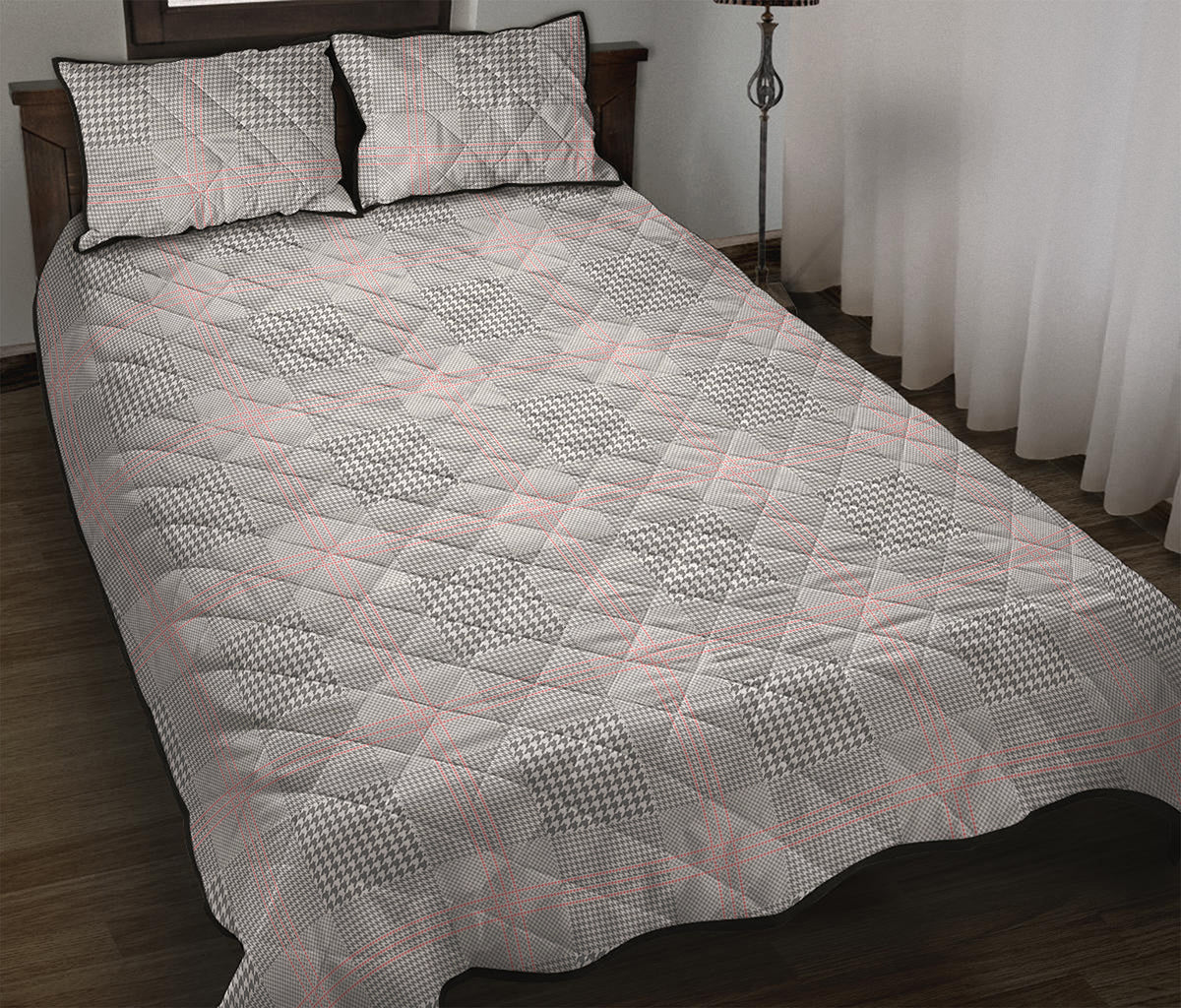 Grey Prince of Wales Check Print Quilt Bed Set