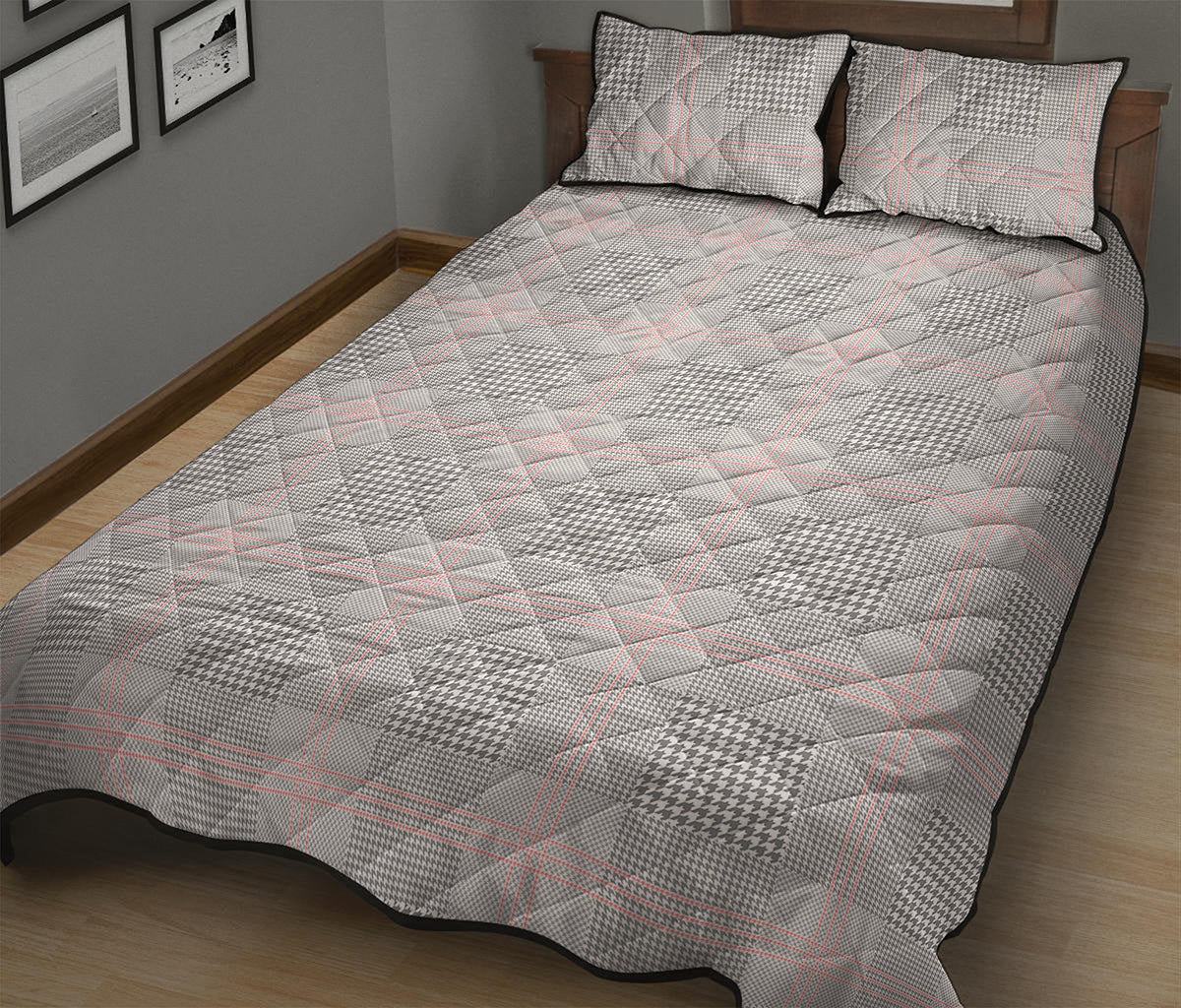 Grey Prince of Wales Check Print Quilt Bed Set
