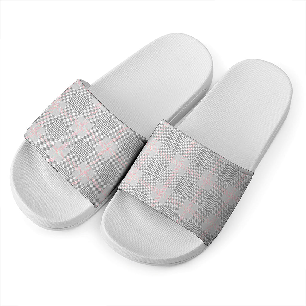 Grey Prince of Wales Check Print White Slide Sandals