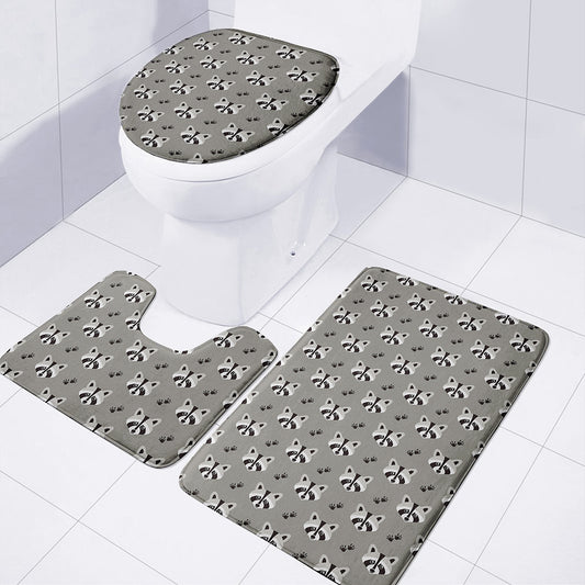 Grey Raccoon Pattern Print 3 Piece Bath Mat Set