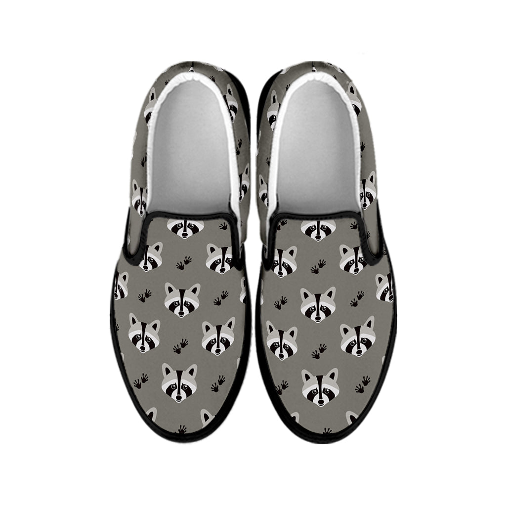 Grey Raccoon Pattern Print Black Slip On Shoes