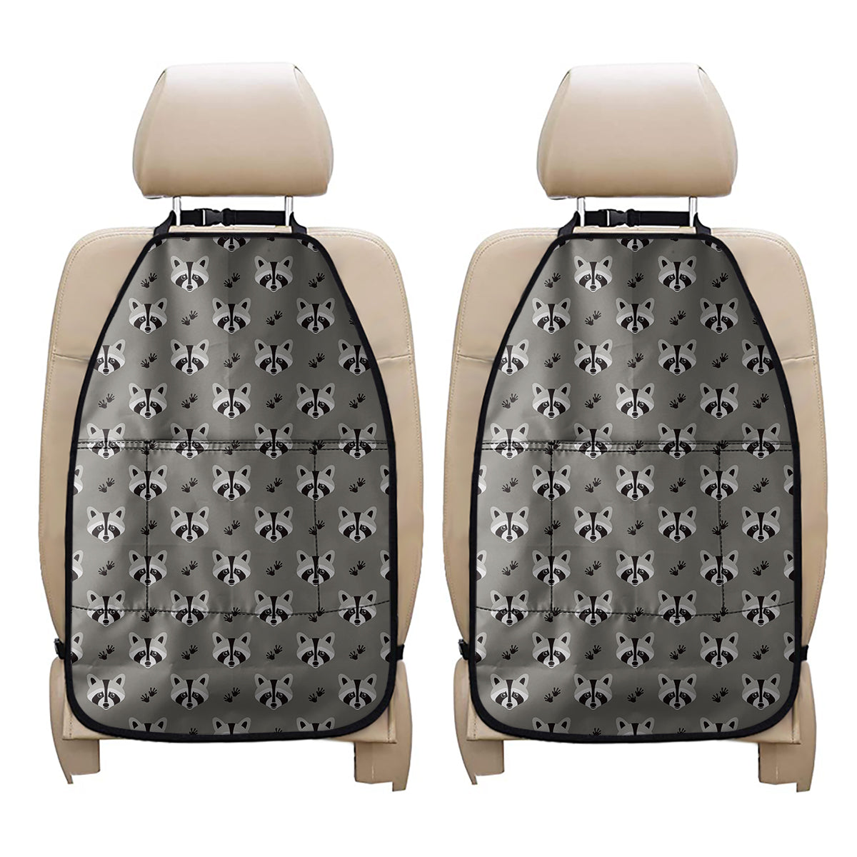 Grey Raccoon Pattern Print Car Seat Organizers