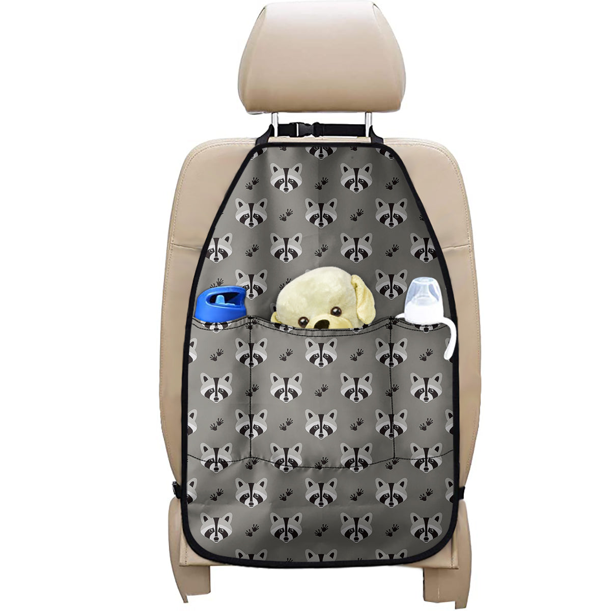 Grey Raccoon Pattern Print Car Seat Organizers