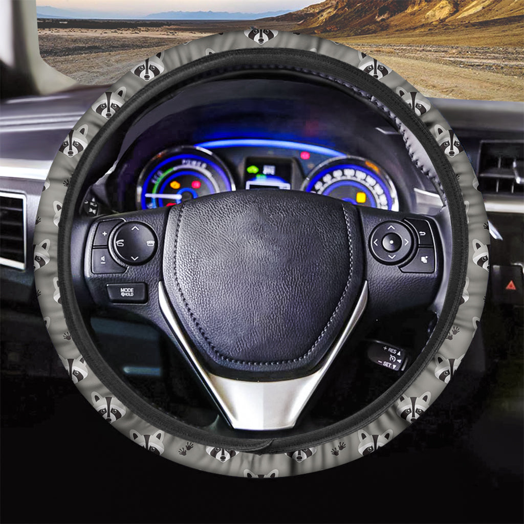 Grey Raccoon Pattern Print Car Steering Wheel Cover