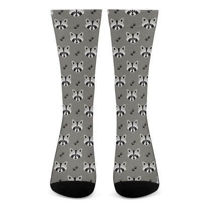 Grey Raccoon Pattern Print Crew Socks
