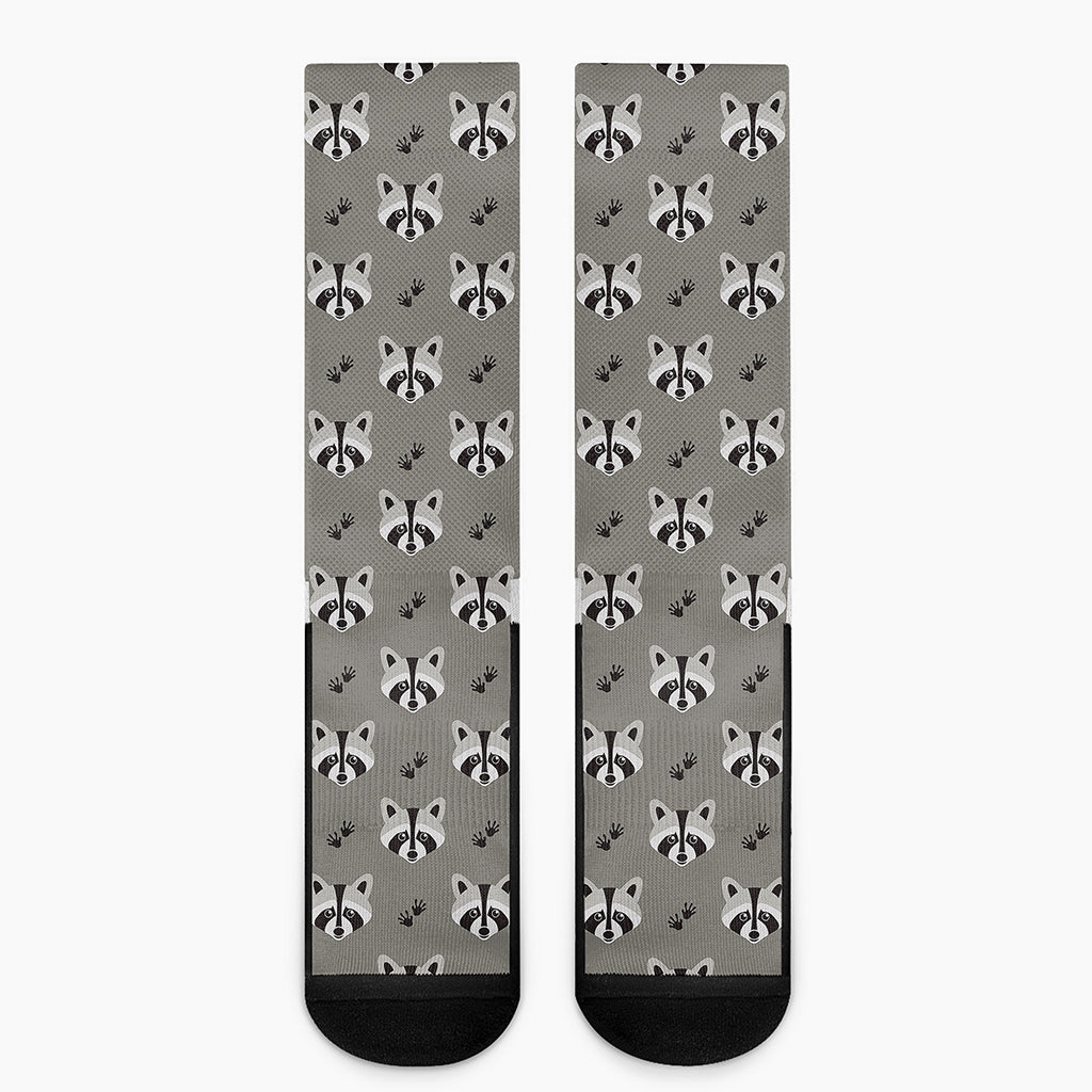 Grey Raccoon Pattern Print Crew Socks